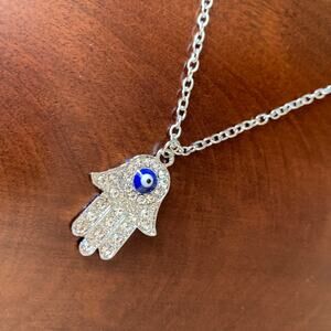 Hamsa Hand Bling Evil Eye Crystal Rhinestones Pendant Silver Women Necklace